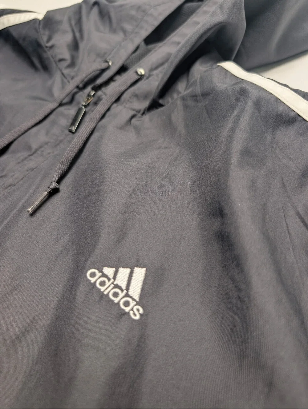 VTG 2006 adidas Hooded Full Zip Windbreaker Jacket Black 3 Stripes Y2K Sz XL